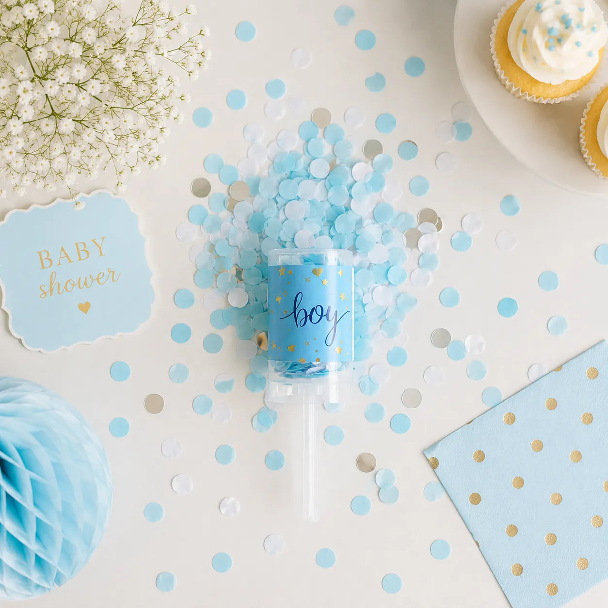 Canon à Confettis Baby Shower Bleu