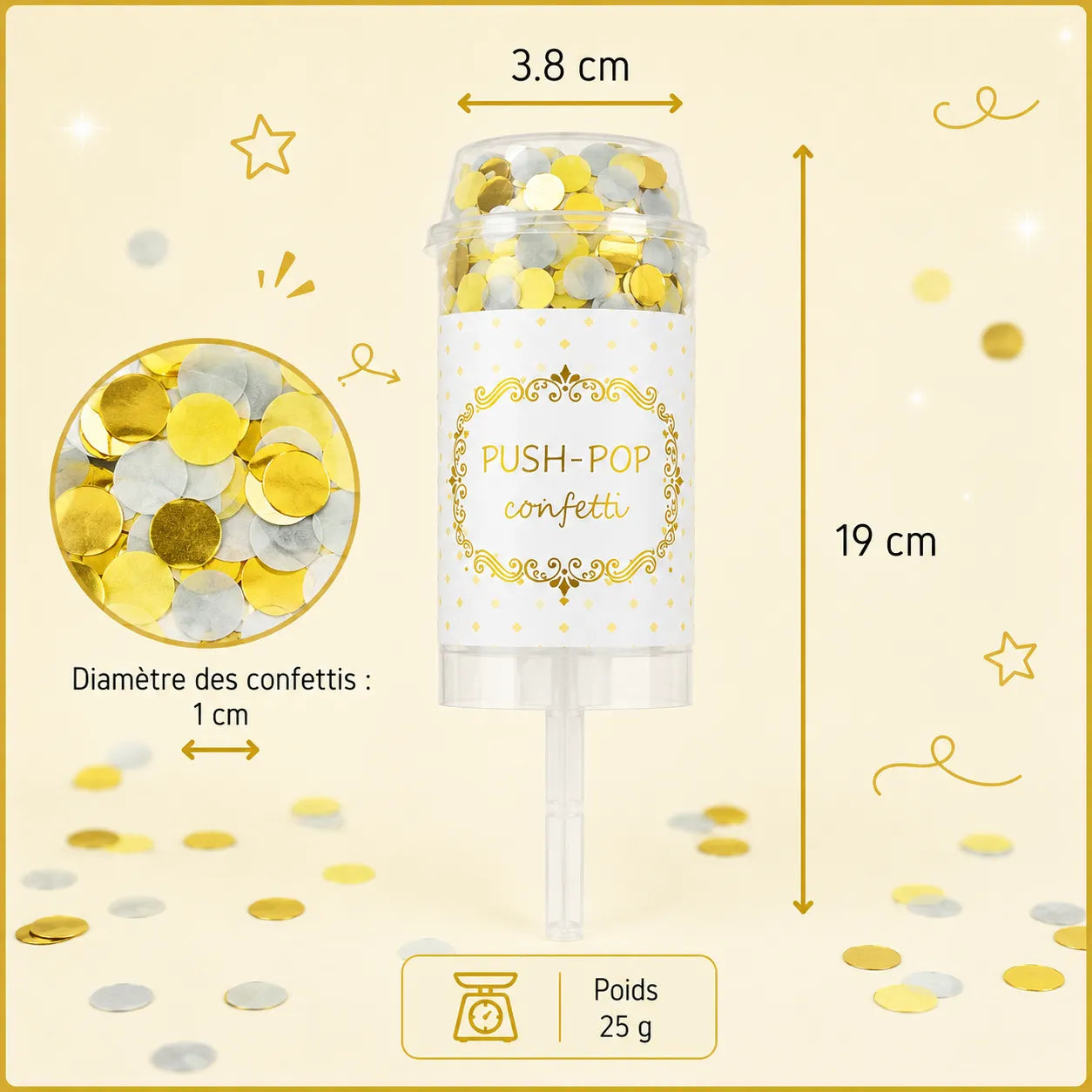 Canon à Confettis Gris et Dorés Moderne
