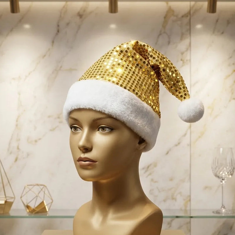 Chapeau de Noël Doré à Paillettes Design Unique