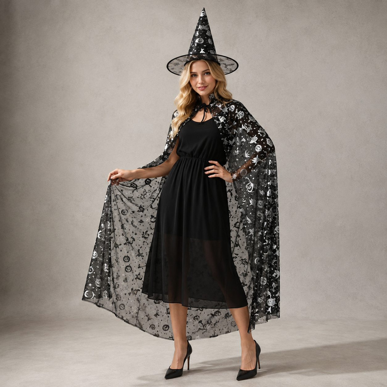 Chapeau et Cape de Sorcière Femme à Motifs Argentés Cool