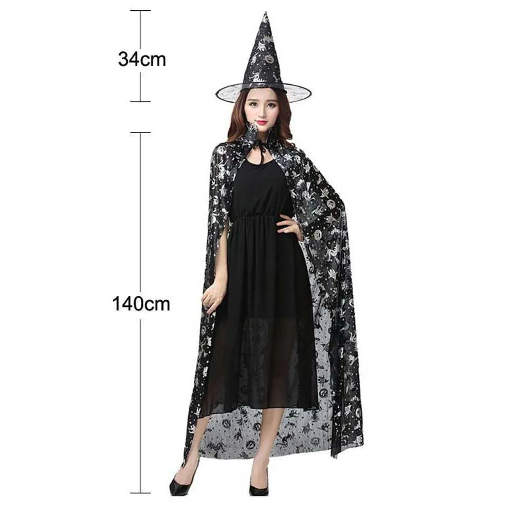 Chapeau et Cape de Sorcière Femme à Motifs Argentés Stylée