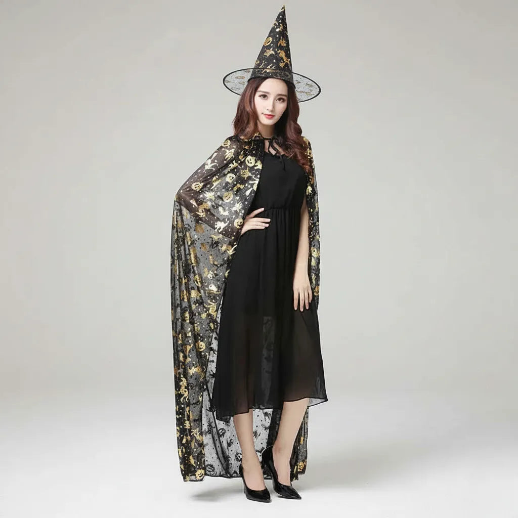 Chapeau et Cape de Sorcière Femme à Motifs Dorés Stylée