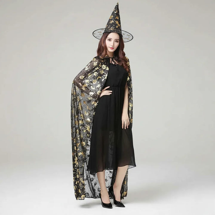 Chapeau et Cape de Sorcière Femme à Motifs Dorés Stylée