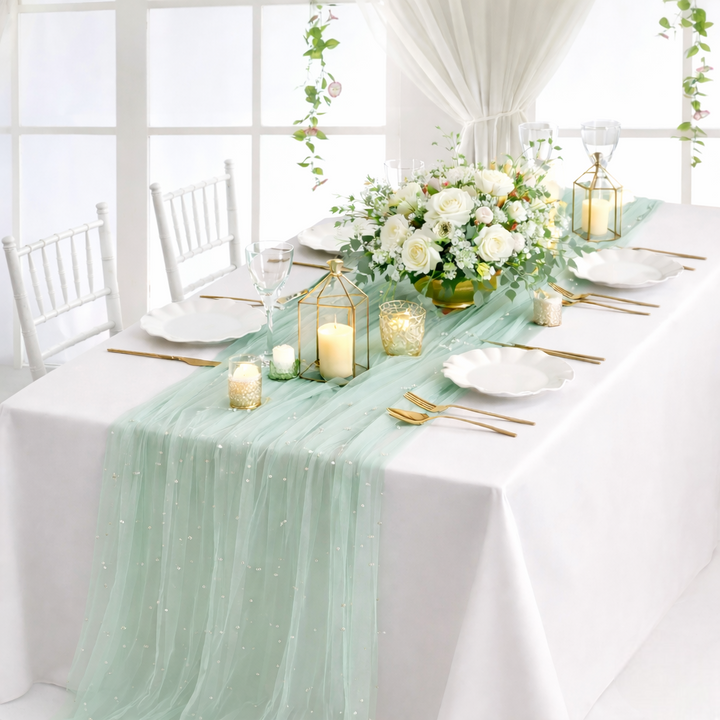 Chemin de Table Bleu-Vert en Tulle Perlé