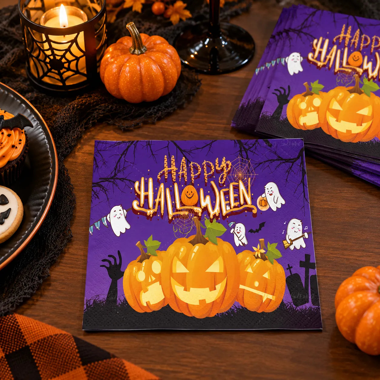 Serviette Happy Halloween Violet Imprimé Citrouilles