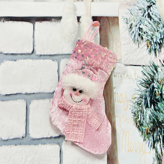 Chaussette Noël Bonhomme de Neige Rose Pastel