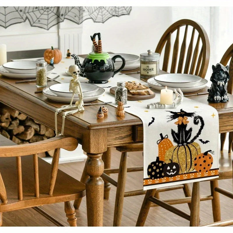 Chemin de Table Blanc Motif Chat Halloween