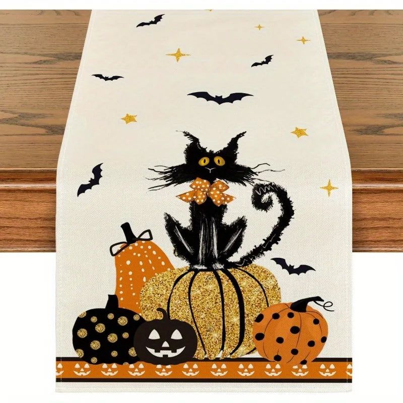 Chemin de Table Blanc Motif Chat Halloween simple