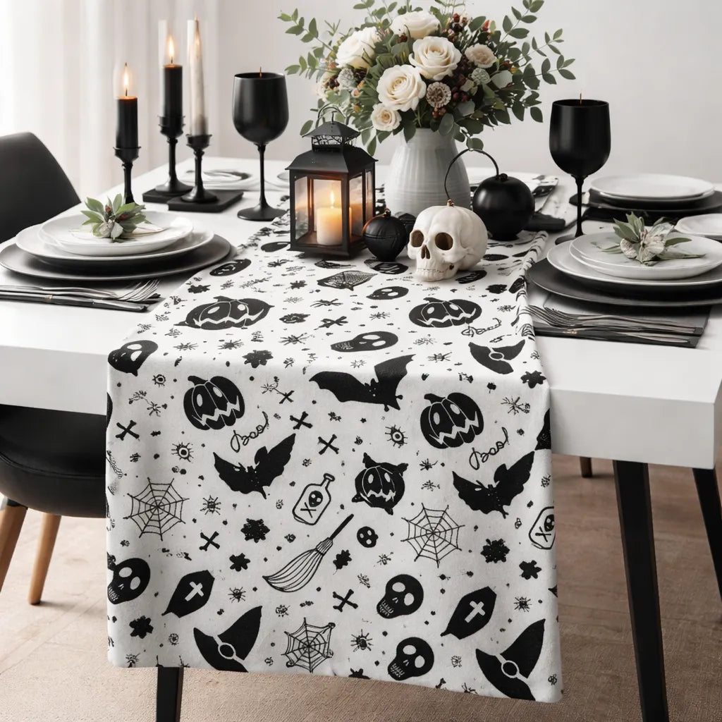 Chemin de Table Blanc à Motifs Halloween Noirs