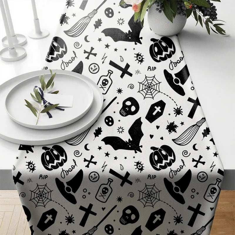 Chemin de Table Blanc à Motifs Halloween Noirs Chic