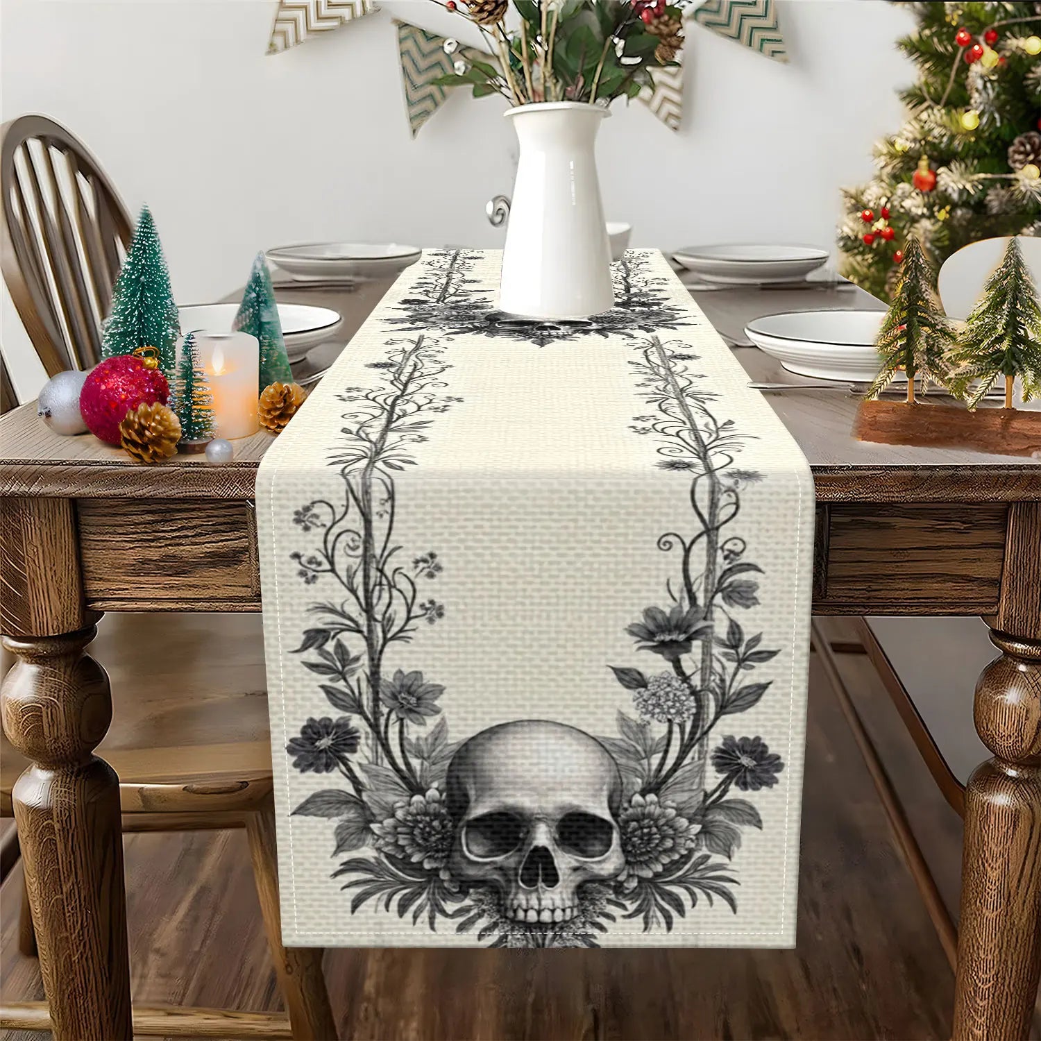 Chemin de Table Halloween Beige Crâne Chic