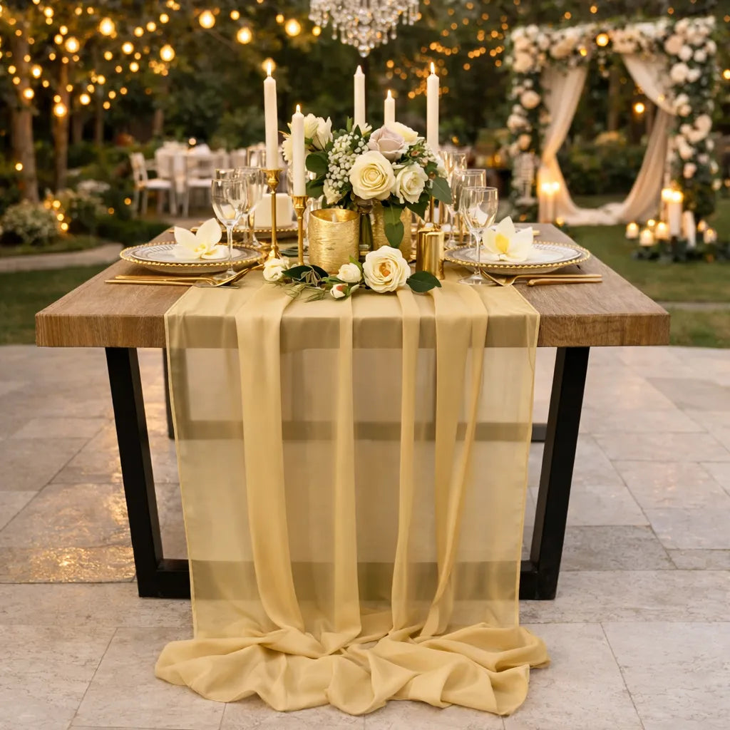 Chemin de Table Mariage Champagne en Mousseline de Soie