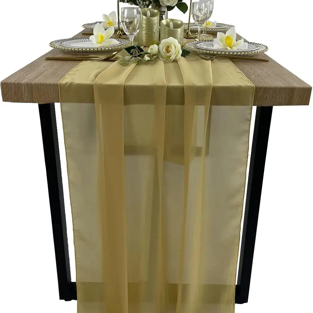 Chemin de Table Mariage Champagne en Mousseline de Soie Chic