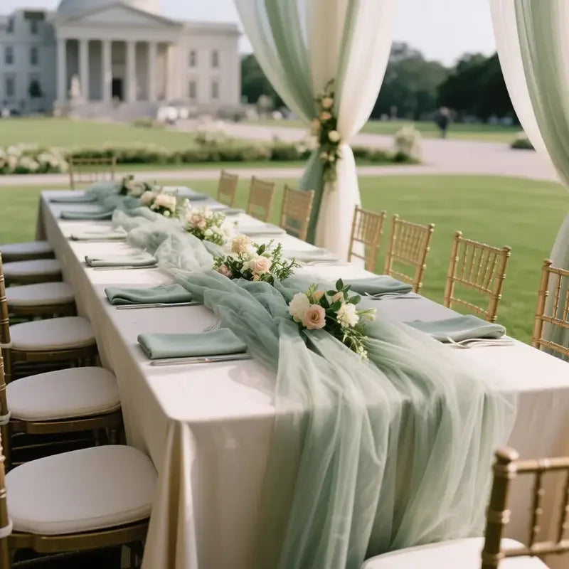 Chemin de Table Mariage Elégant Vert Sauge