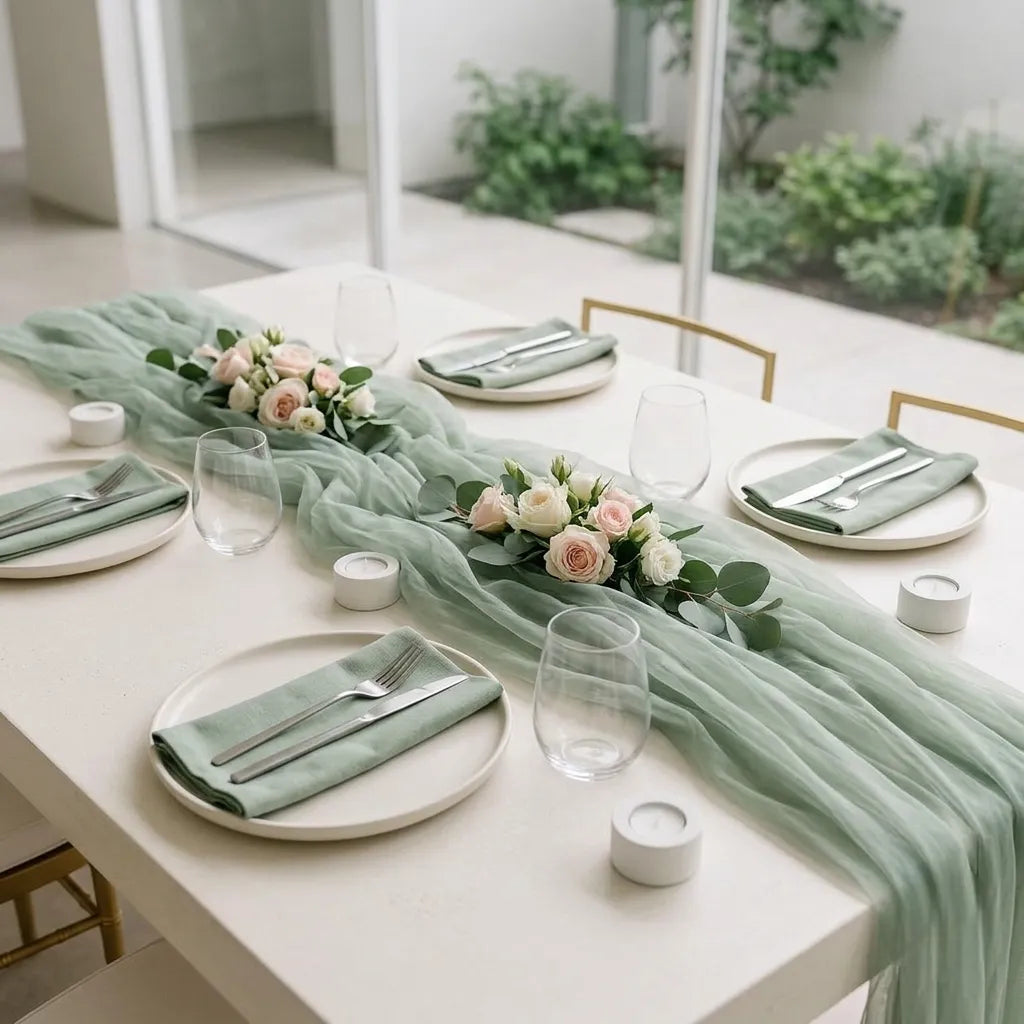 Chemin de Table Mariage Elégant Vert Sauge Raffiné