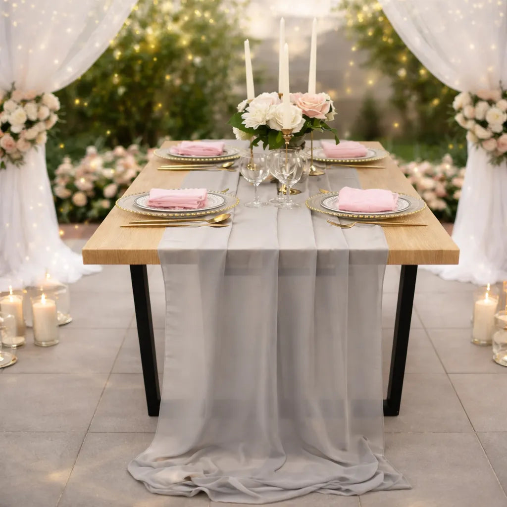 Chemin de Table Mariage Gris en Mousseline de Soie
