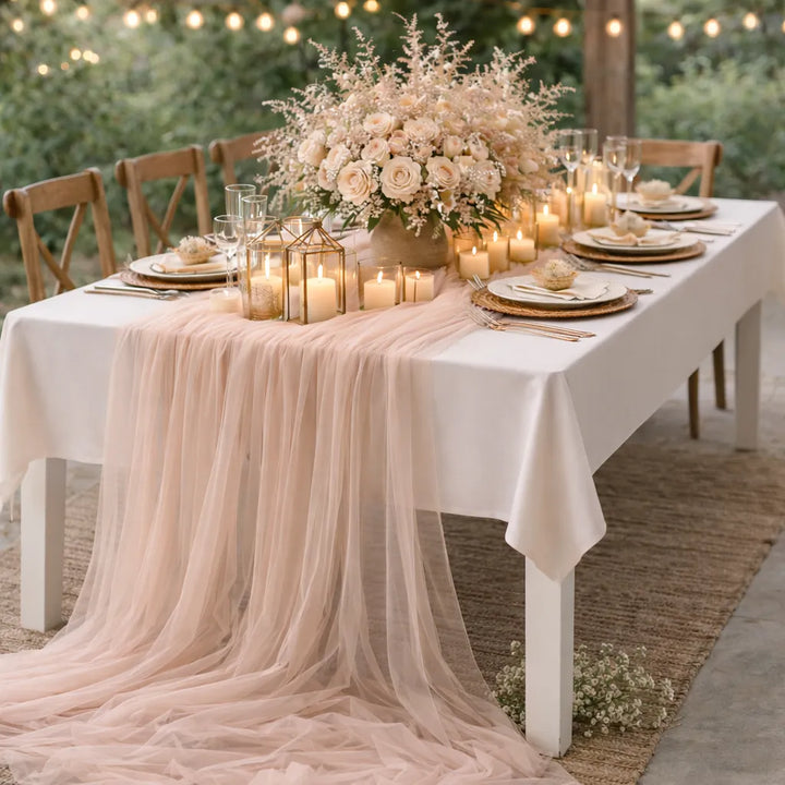 Chemin de Table Mariage Rose Poudré en Tulle 