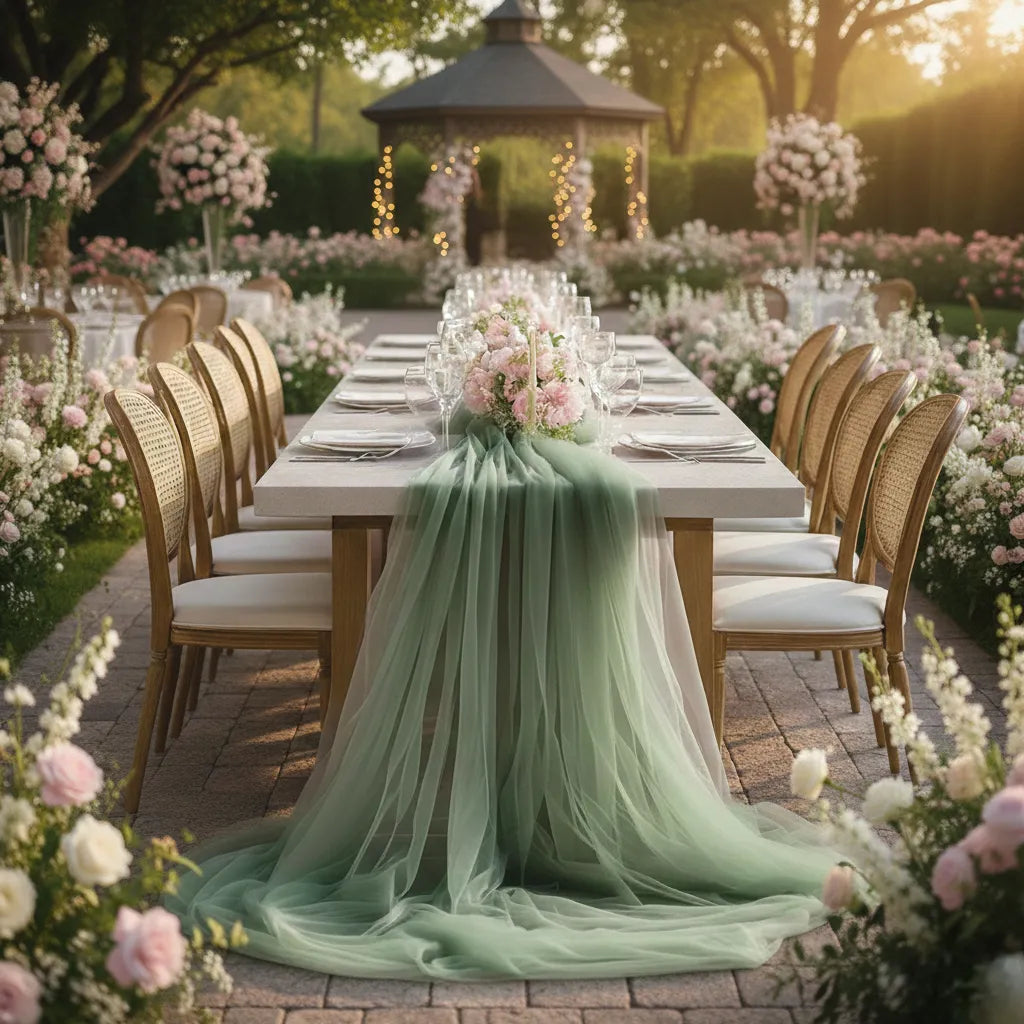 Chemin de Table Mariage Vert Sauge en Tulle