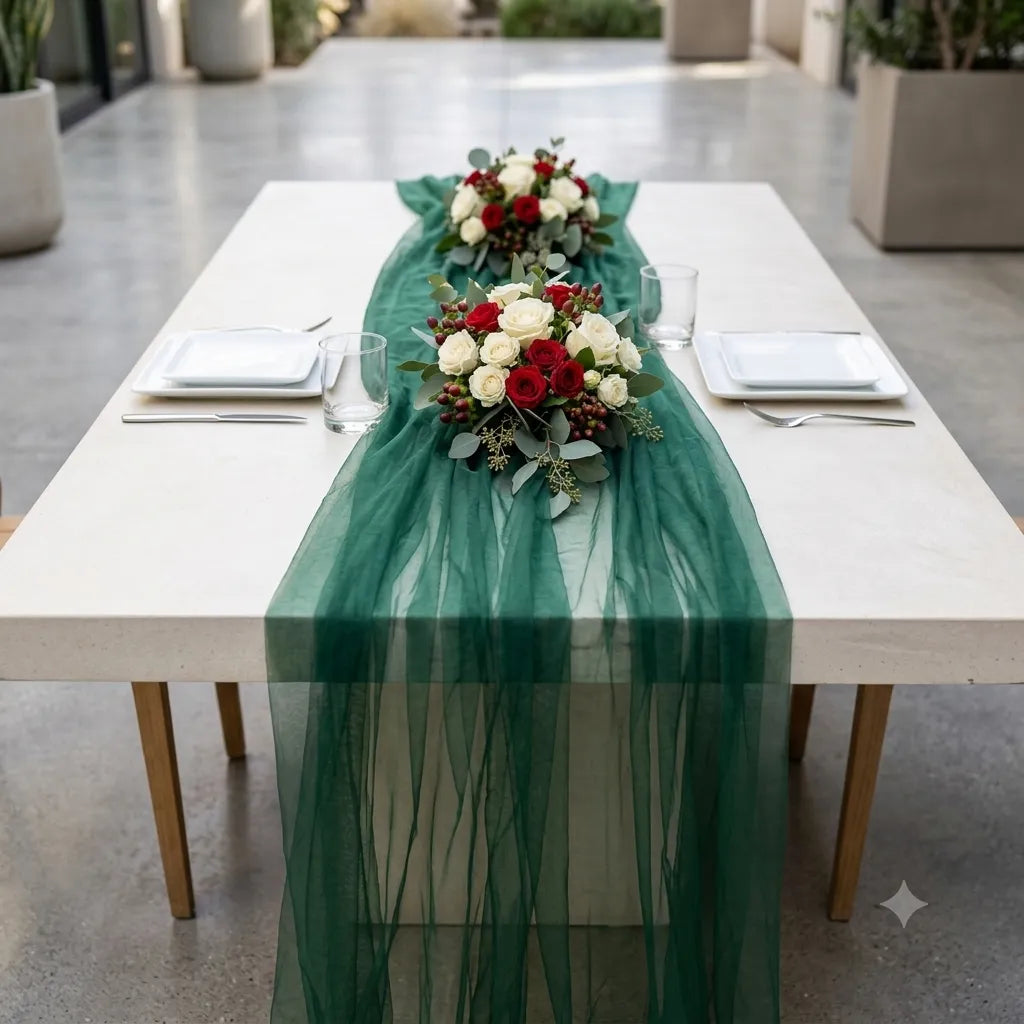 Chemin de Table Mariage Vert en Tulle Moderne