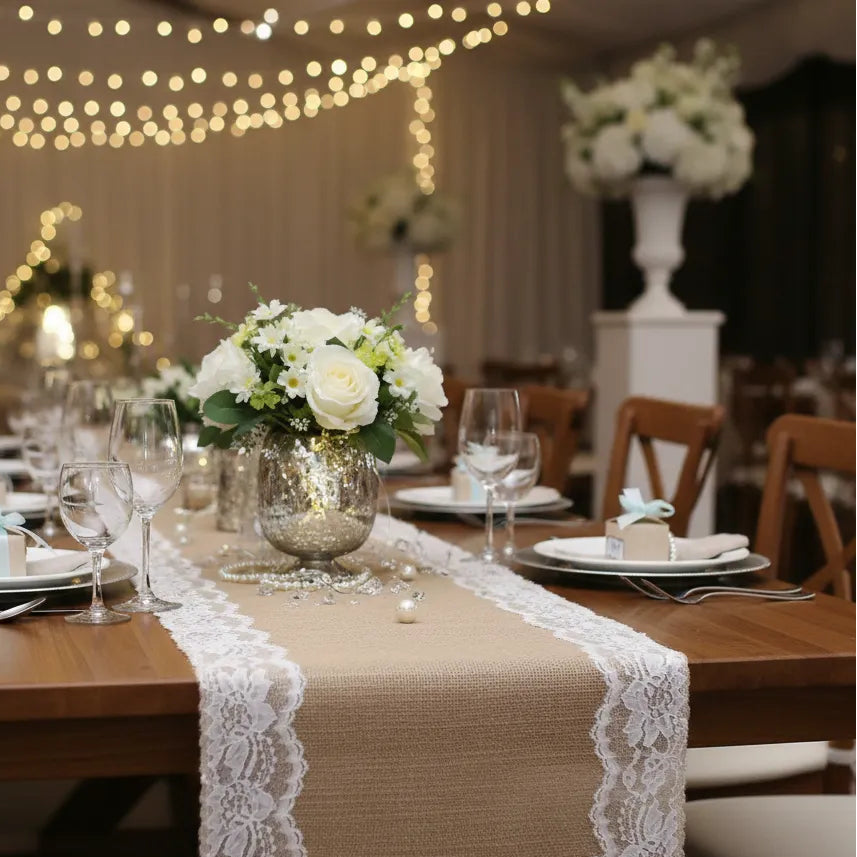 Chemin de Table Mariage en Jute à Dentelles