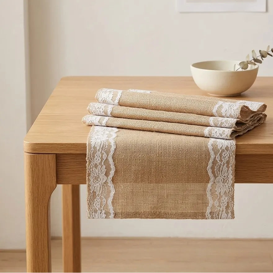 Chemin de Table Mariage en Jute à Dentelles Minimaliste