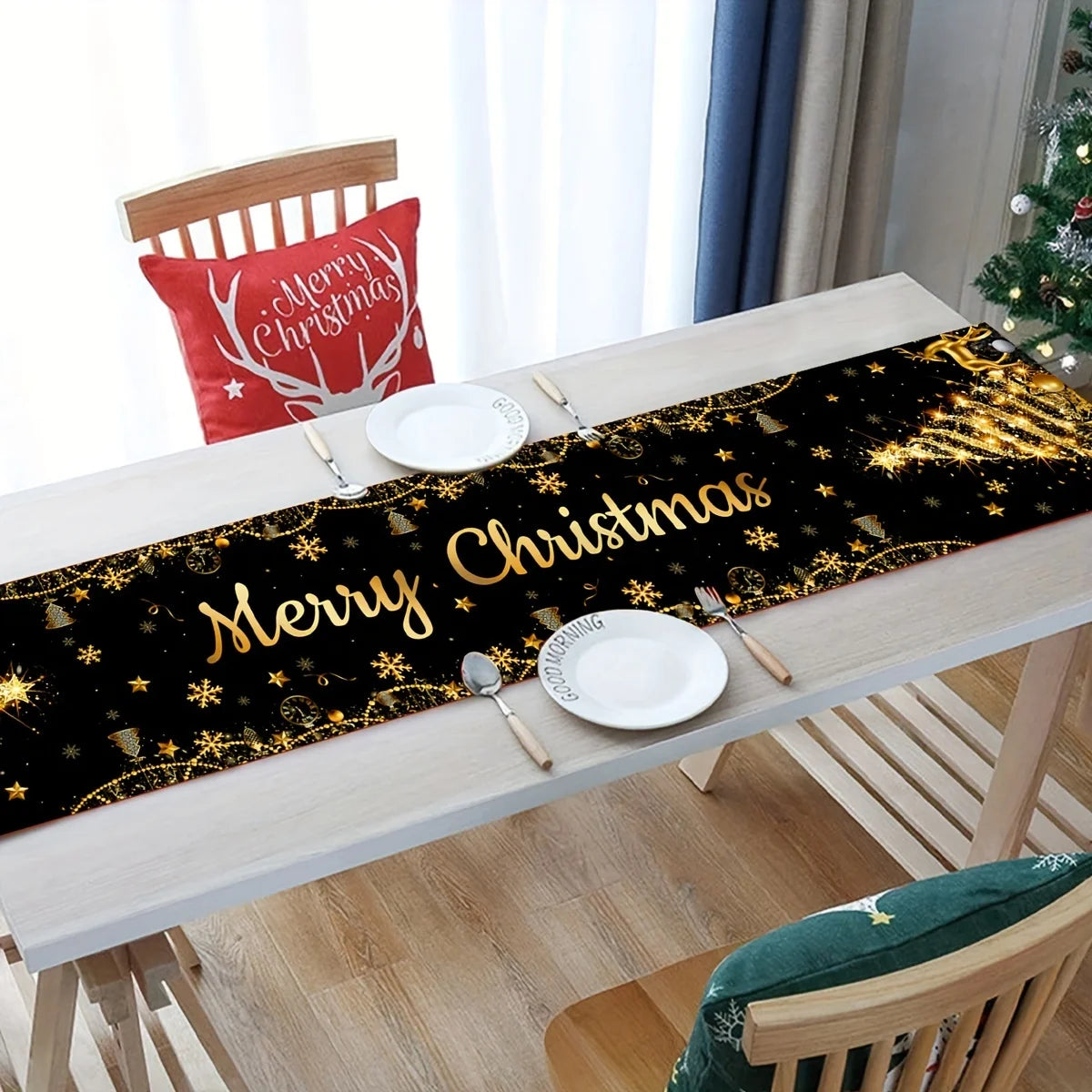 Chemin de Table Noël Noir et Or