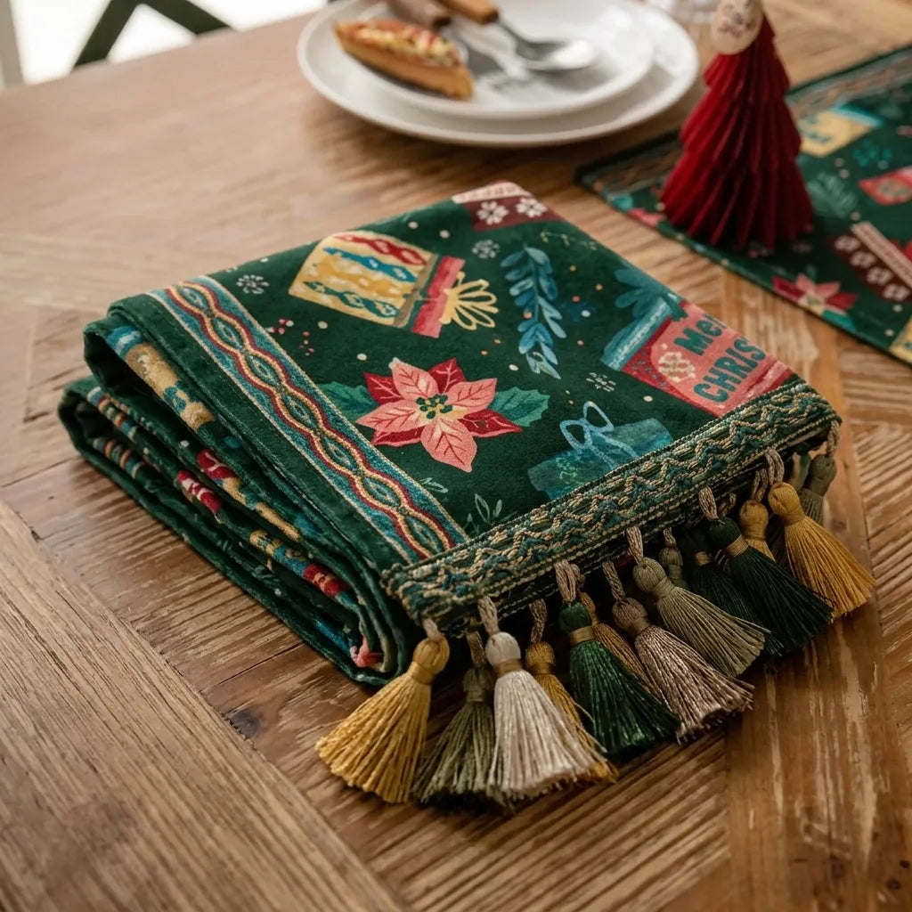 Chemin de Table Noël Vert à Pompons Unique
