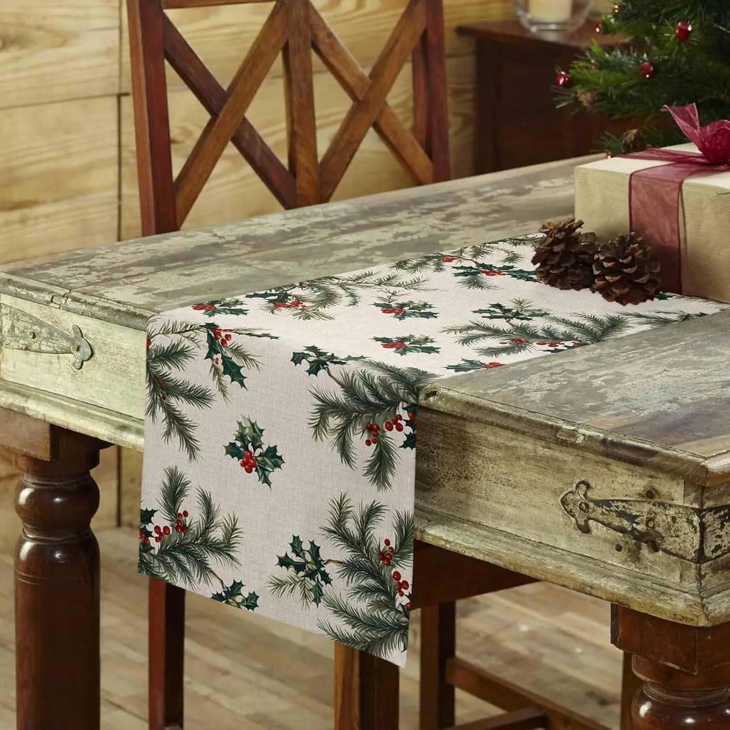 Chemin de Table Noël en Lin Baies de Houx 