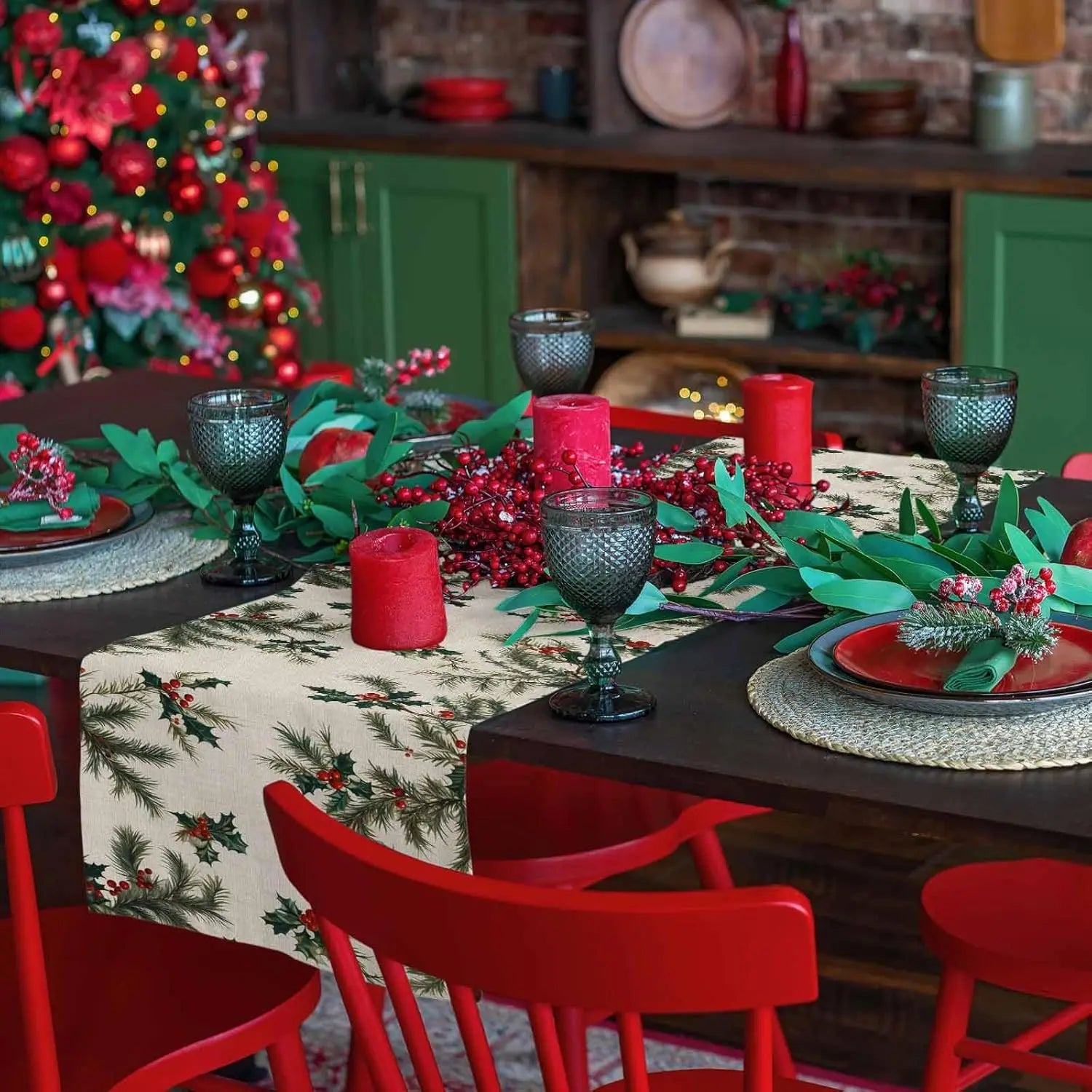 Chemin de Table Noël en Lin Baies de Houx 