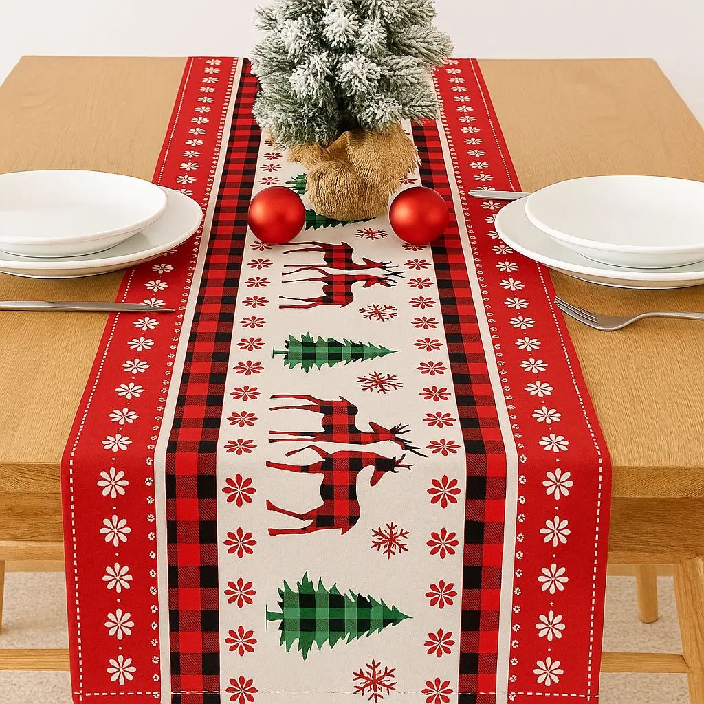 Chemin de Table Noël en Lin Rouge et Blanc