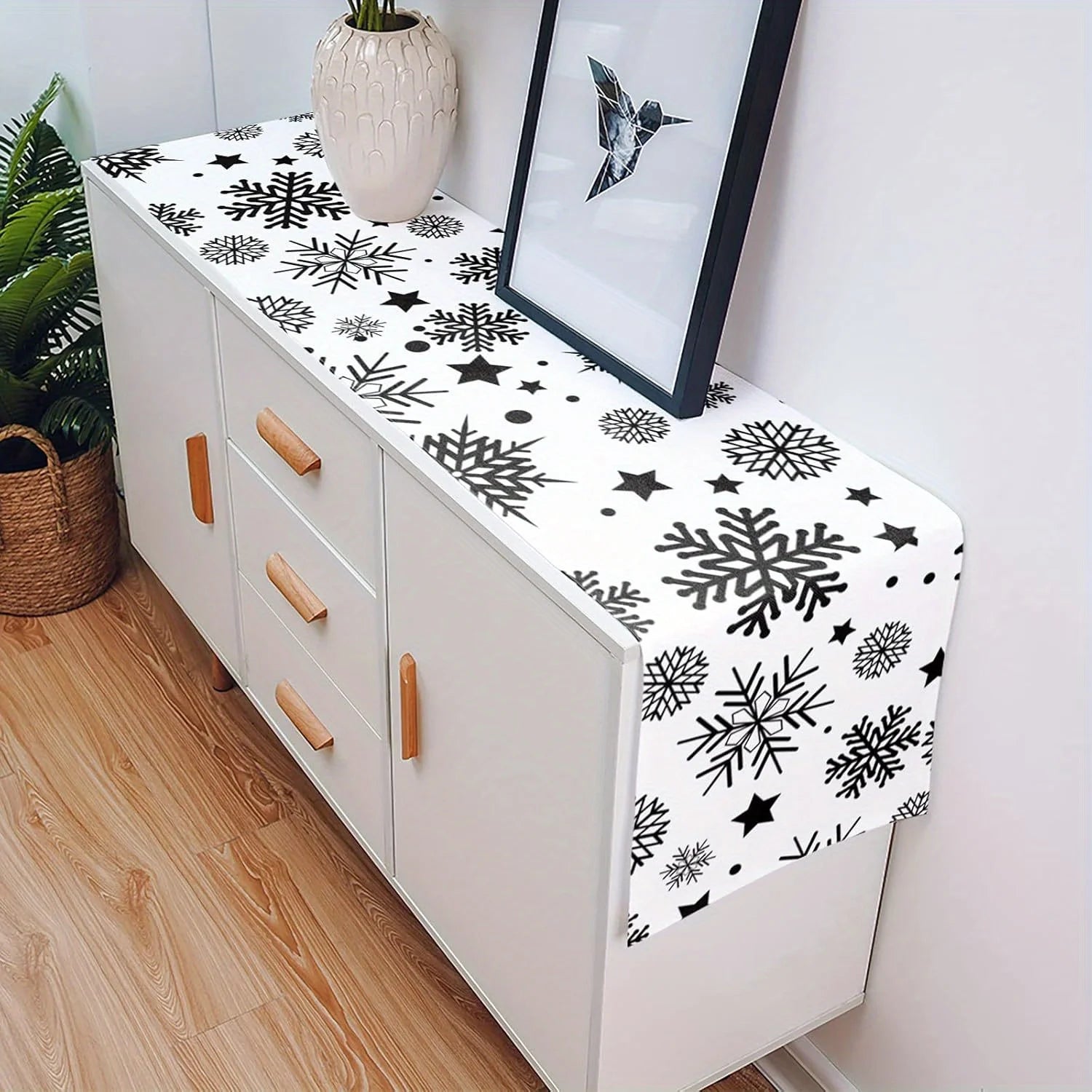 Chemin de Table Noir et Blanc Flocons de Neige