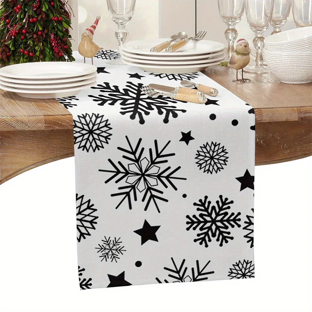 Chemin de Table Noir et Blanc Flocons de Neige Design
