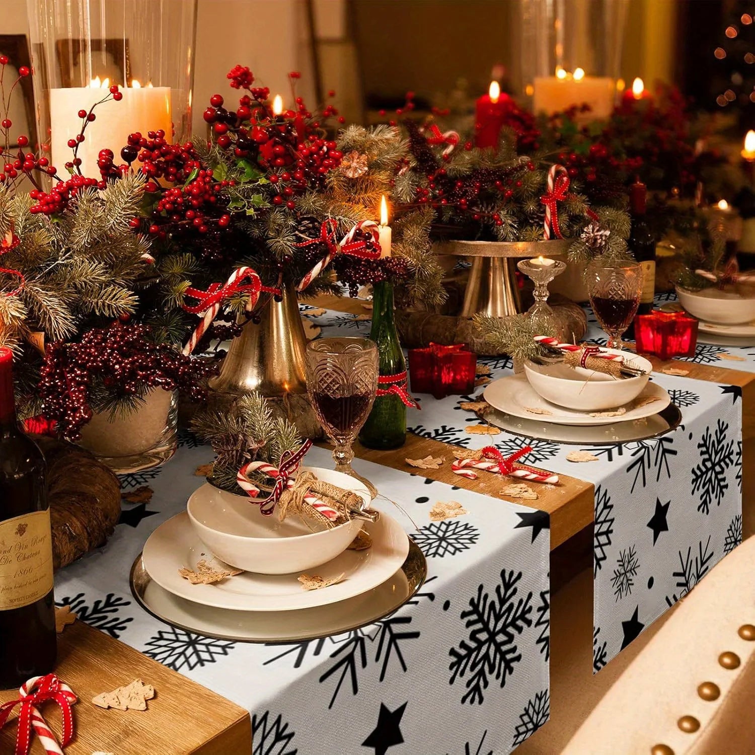 Chemin de Table Noir et Blanc Flocons de Neige Léger