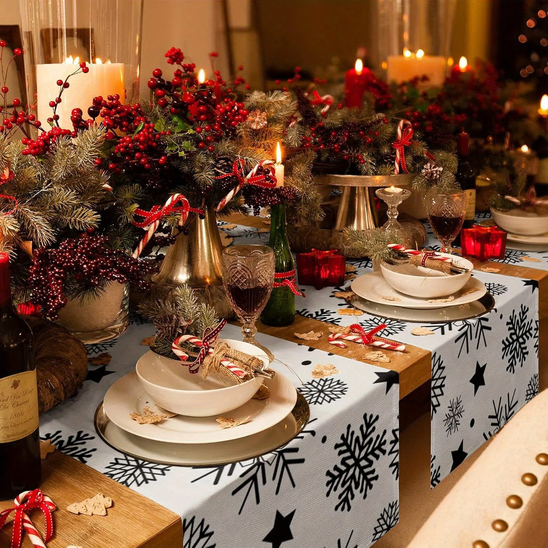Chemin de Table Noir et Blanc Flocons de Neige Léger