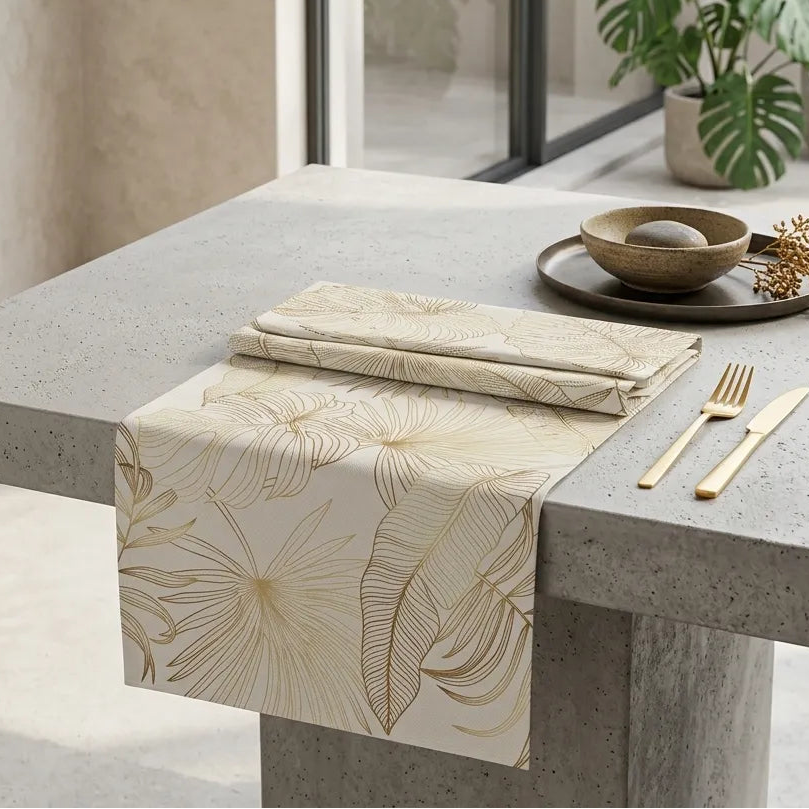 Chemin de Table Tropicale Blanc et Doré Minimaliste