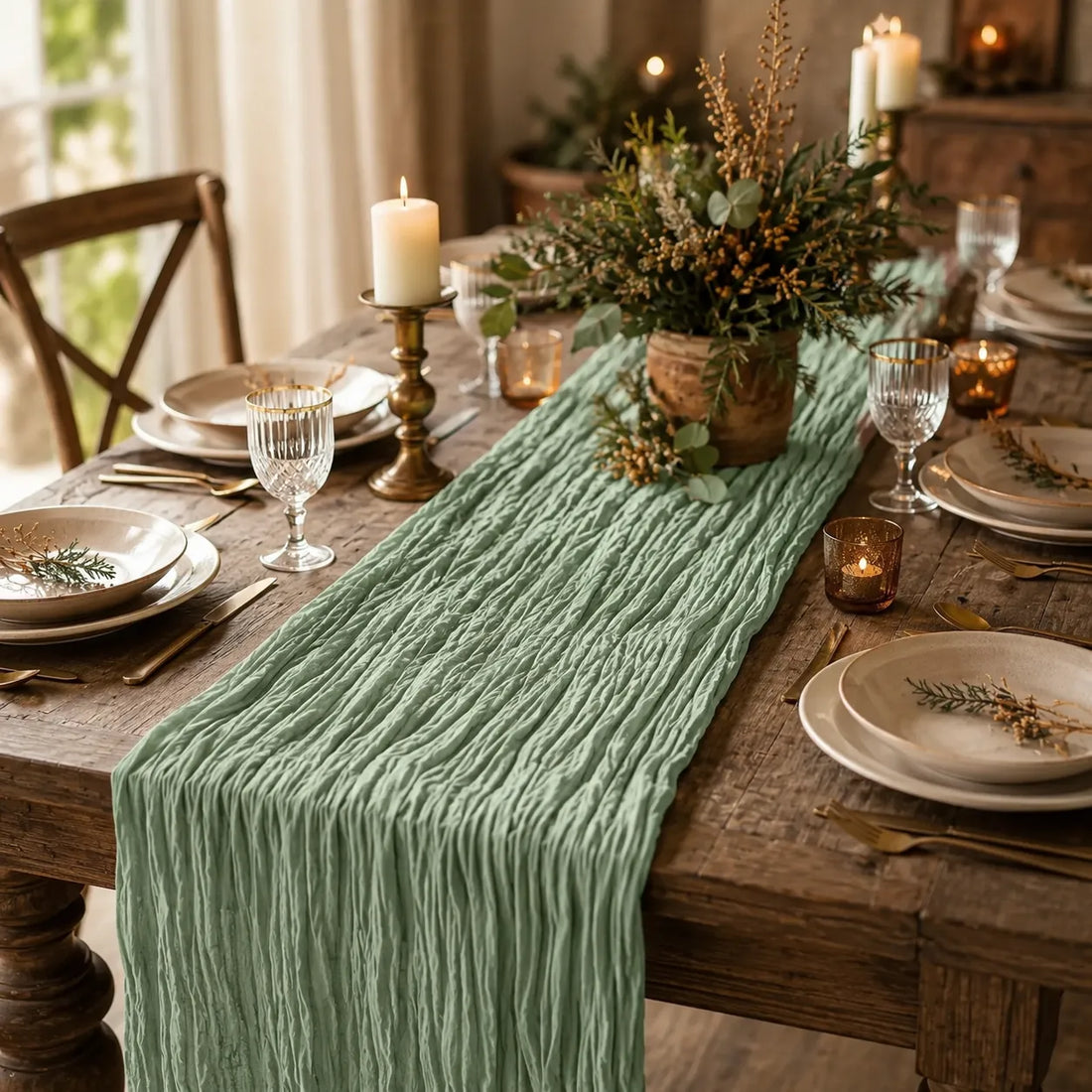 Chemin de Table Vert Sauge Mariage Cool