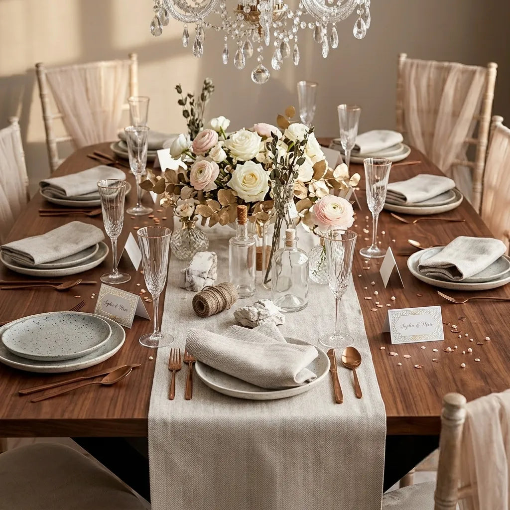 Chemin de Table en Lin Beige Épuré Unique