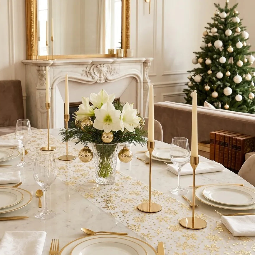 Chemin de Table en Organza à Flocons Dorés Unique