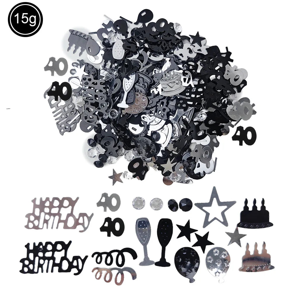Confettis Happy Birthday 40th Noir et Argenté