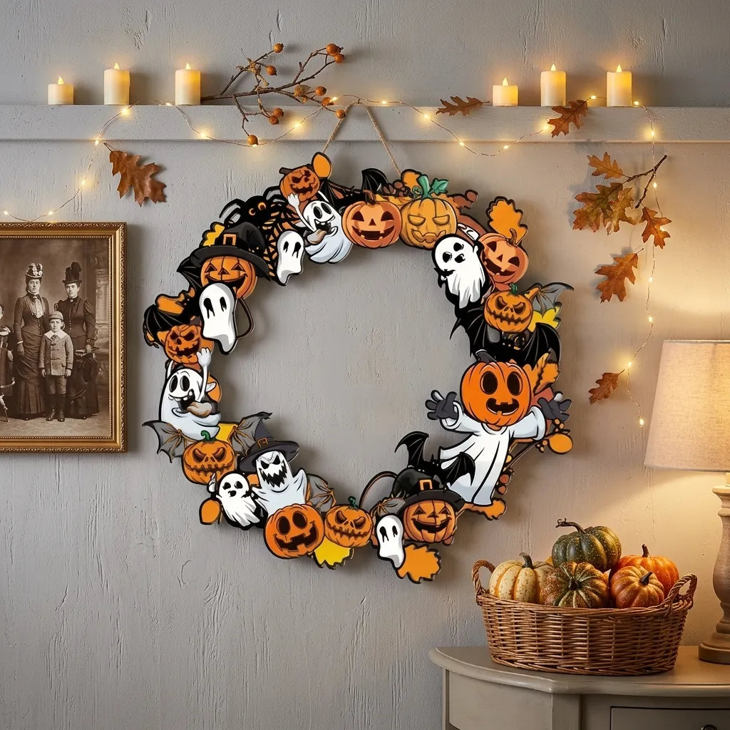 Couronne Citrouilles Halloween en Bois Unique