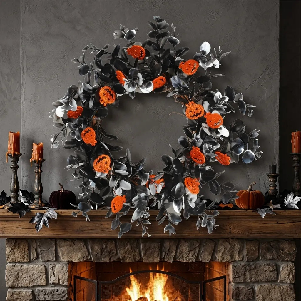 Couronne Halloween de Feuilles et Citrouilles Minimaliste