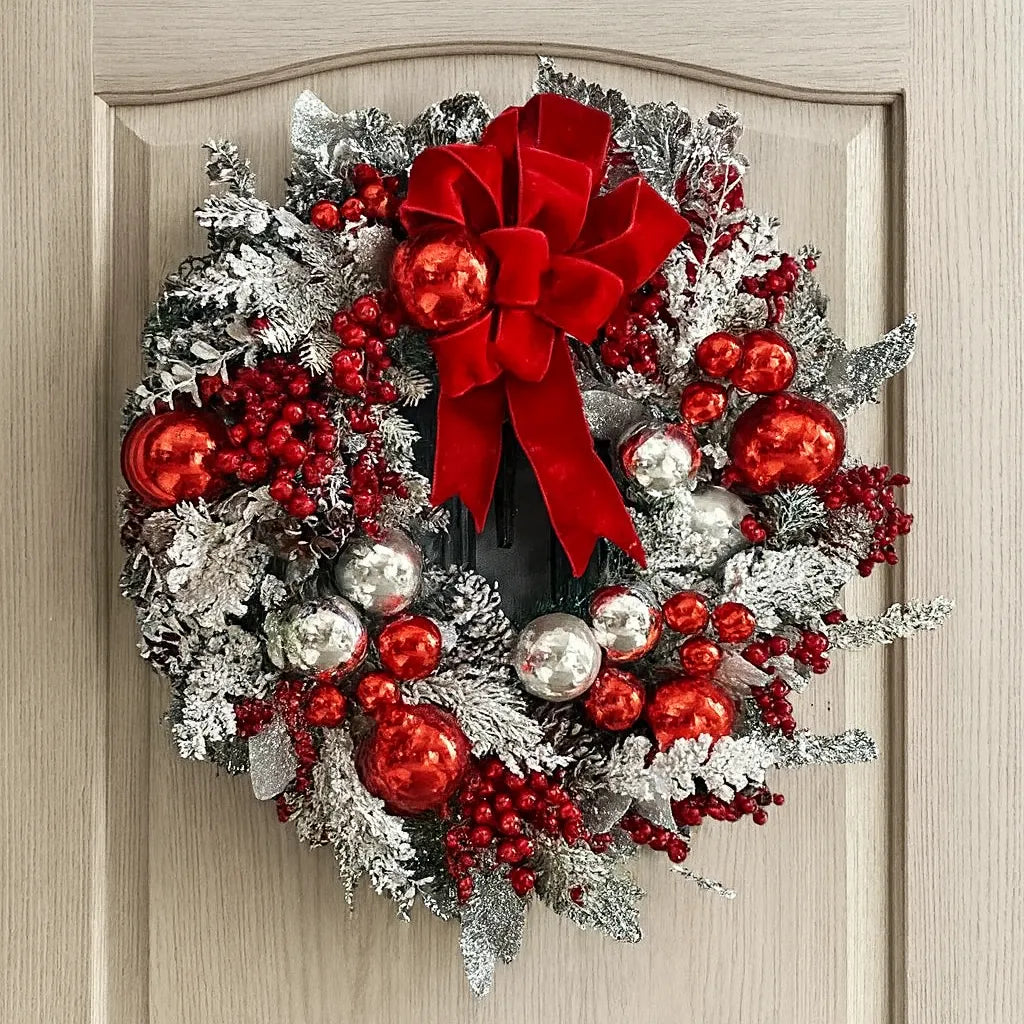 Couronne de Noël Effet Givrée à Nœud Rouge
