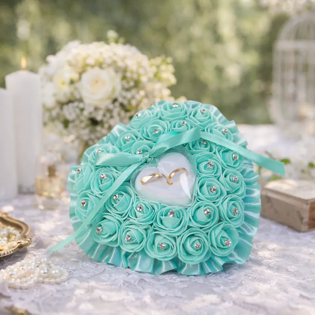 Coussin Anneaux Mariage Cœur Vert Unique
