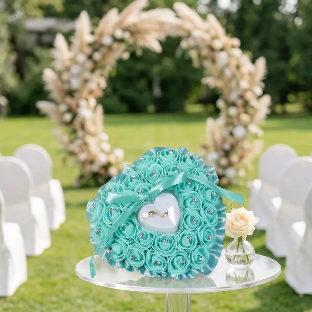 Coussin Anneaux Mariage Cœur Vert élégant