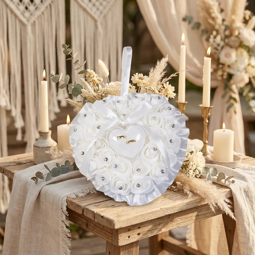 Coussin Bagues Mariage Blanc Cœur élégant