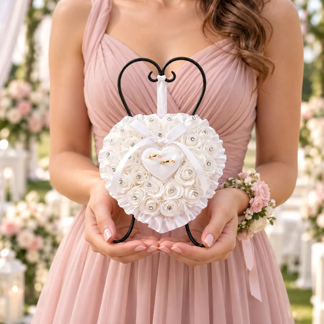 Coussin Bagues Mariage Blanc Cœur épuré