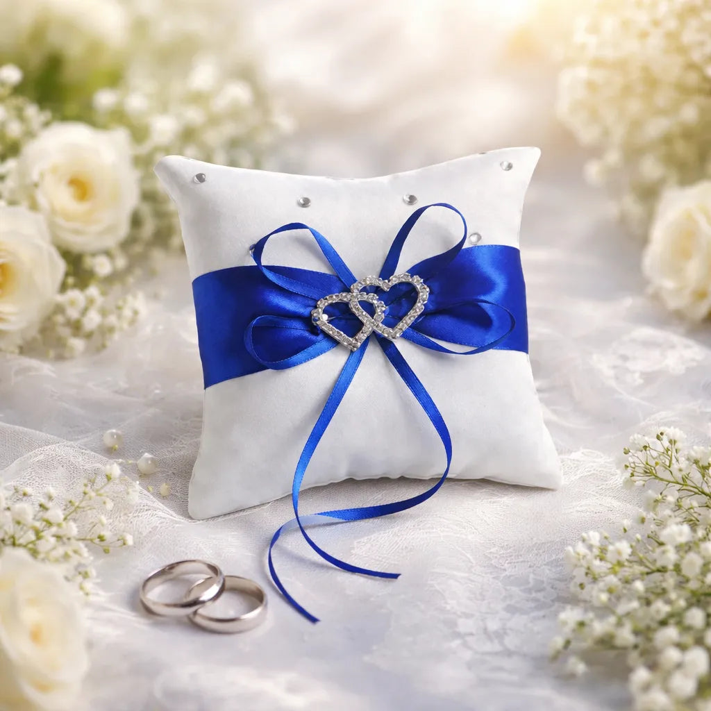 Coussin Bagues Mariage à Ruban Bleu Unique