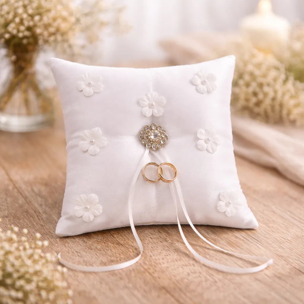 Coussin de Bague Mariage Blanc à Fleurs