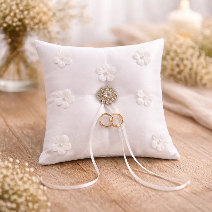 Coussin de Bague Mariage Blanc à Fleurs