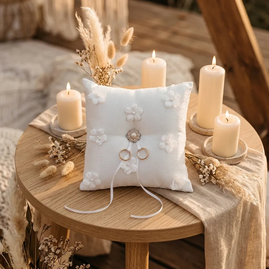 Coussin de Bague Mariage Blanc à Fleurs élégant
